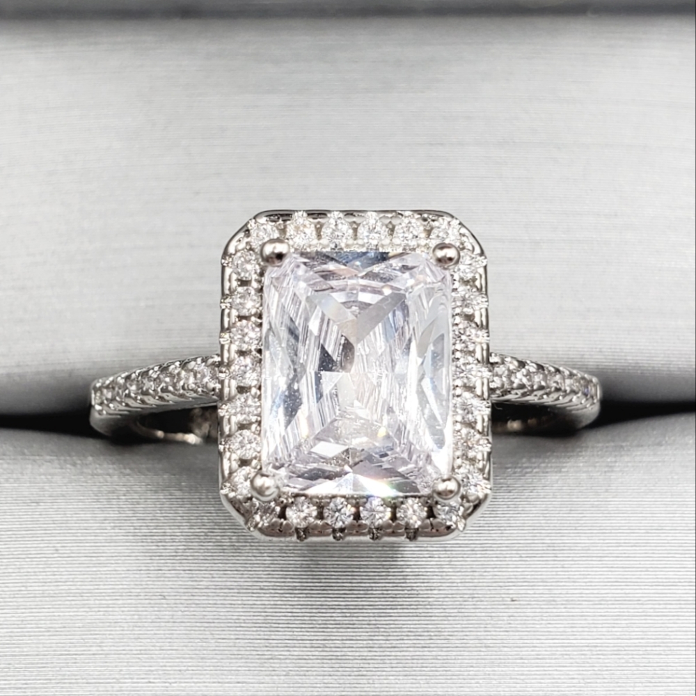Radiant Simulated Diamond Halo Silver Tone Engagement Ring